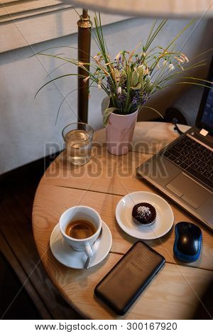 Hot Drink - Coffee Cup On Brown Old Wood Texture And Background With Copy Space.