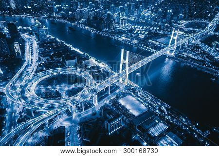 Aerial View Of Nanpu Bridge, Shanghai Downtown, China. Financial District And Business Centers In Sm