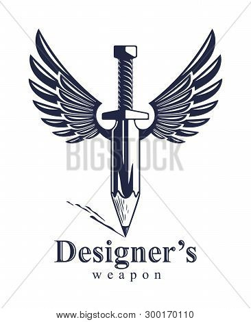 Idea Is A Weapon Concept, Weapon Of A Designer Or Artist Allegory Shown As Winged Sword With Pencil 