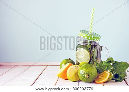 Cooling Drink From Tarragon, Mint And Lime. Green Lemonade, Drink Tarragon. Homemade Lemonade In A M