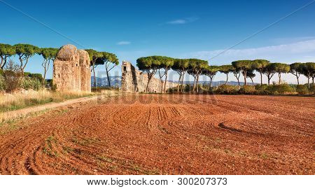 Ruins Of The Ancient Aqueduct On Appia Way Near Villa Quintili In Rome, Italy. Panoramic Image.