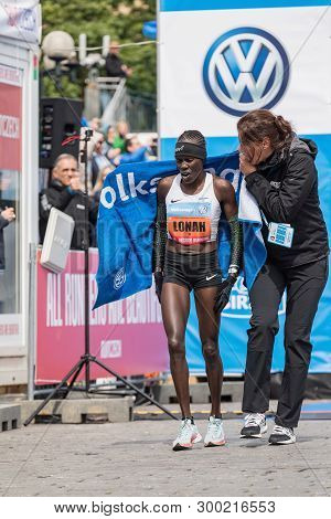 Prague, Czech Republic - May 5, 2019: Salpeter Lonah Chemtai At Marathon Finish. Woman Winner Of The