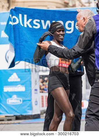Prague, Czech Republic - May 5, 2019: Salpeter Lonah Chemtai At Marathon Finish. Woman Winner Of The