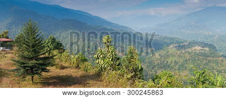 Beautiful Scenic Panoramic Image Of India Bhutan Border At Jhalong , Dooars - West Bengal , India