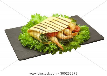 Beef And French Fries Sandwich With Greens On Kitchen Board On White Background