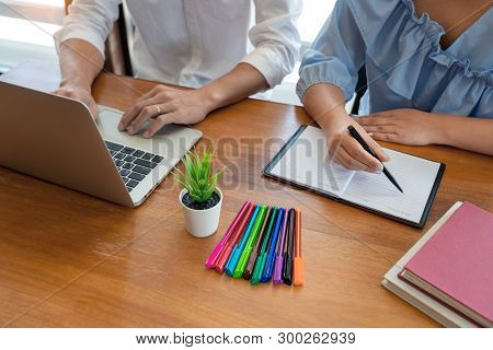 Education And School Concept, Students Campus Or Classmates Learning Tutoring Catching Up Friend For