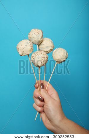 Birthday Food - Cake Pop. White Chocolate Sweets On Stick.