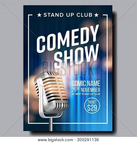 Banner Invitation To Comedy Show In Club Vector. Old Radio Microphone, Blue Curtain On Background Po