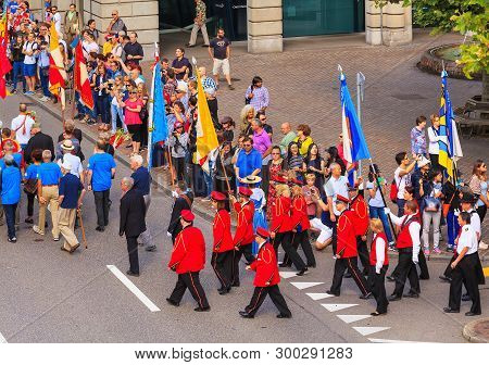 Zurich, Switzerland - August 1, 2016: Participants Of The Parade Devoted To The Swiss National Day P