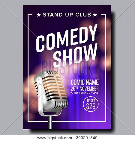 Poster Invitation To Comedy Show In Club Vector. Old Metal Microphone Violet Curtain On Background B