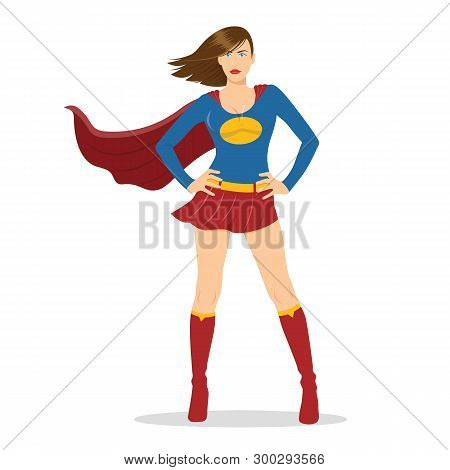 Female Superhero Standing With Cape Waving In The Wind