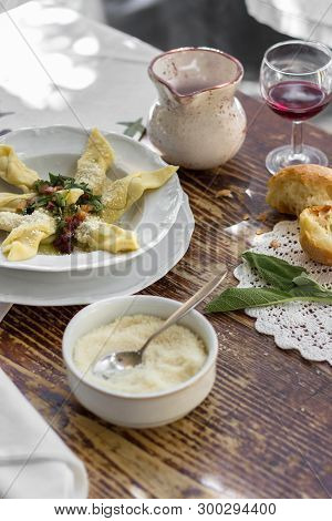 Typical Italian Cuisine. Casoncelli Alla Bergamasca (pasta Stuffed With Bread Crumbs, Egg, Parmesan,