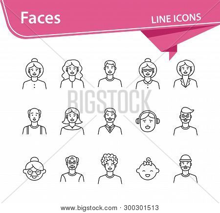 Faces Icons. Set Of Line Icons On White Background. Young Man, Boy, Mid Adult Man. People Concept. V
