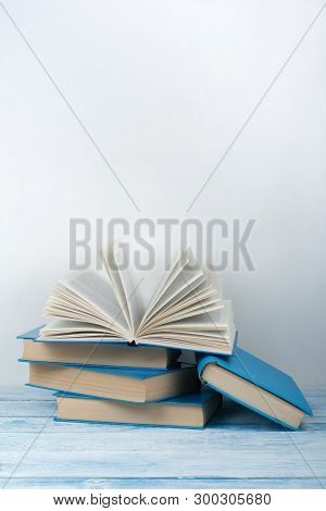 Stack Of Colorful Books. Education Background. Back To School. Book, Hardback Colorful Books On Wood