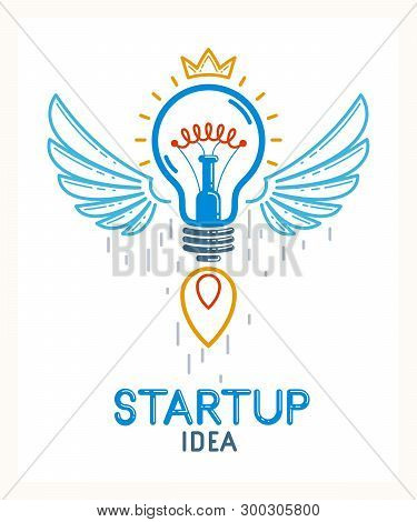 Idea Light Bulb With Wings Launching Like A Rocket Vector Linear Logo Or Icon, Creative Idea Startup