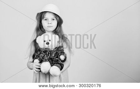 Cutest Ever. Small Girl Straw Hat Hold Teddy Bear Plush Toy. In Love With Cute Teddy Bear. Happy Chi