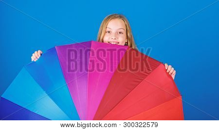 Stay Positive Though Rainy Day. Brighten Up Life. Kid Peek Out Colorful Rainbow Umbrella. Color Your