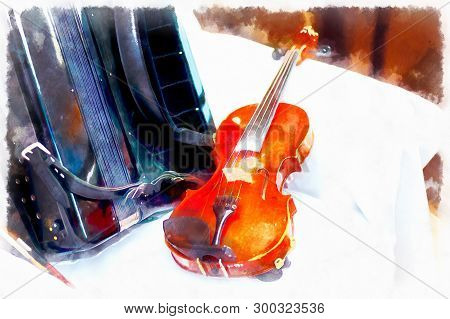 Wedding Stillife With Violin And Accordeon On A White Cloth.