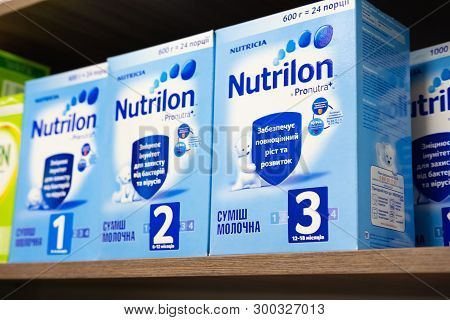 Sievierodonetsk, Ukraine - February 17, 2018: Counter Store Shelf Shop Of Baby Food Nutrilon.