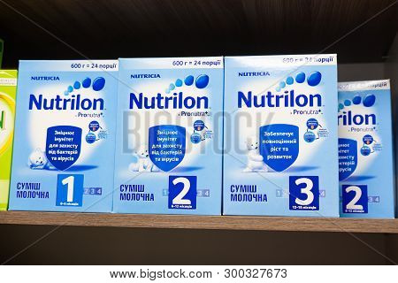 Sievierodonetsk, Ukraine - February 17, 2018: Counter Store Shelf Shop Of Baby Food Nutrilon.