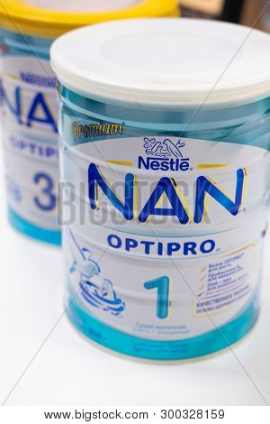 Sievierodonetsk, Ukraine - February 17, 2018: Counter Store Shelf Shop Of Baby Food Nan Nestle