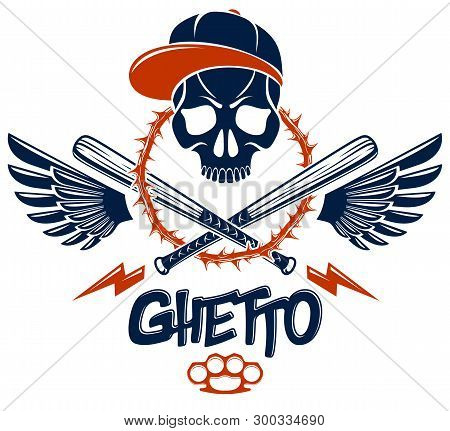 Gang Brutal Criminal Emblem Or Logo With Aggressive Skull Baseball Bats And Other Weapons And Design