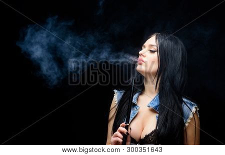 Hookah Bar. Electronic Cigarette. Bad Habit. Woman Vapor. Unhealthy Addiction. Tabacco Drug. Exhale 