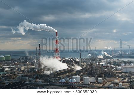 Chemical Factory Plant In Industrial District, Air Pollution.