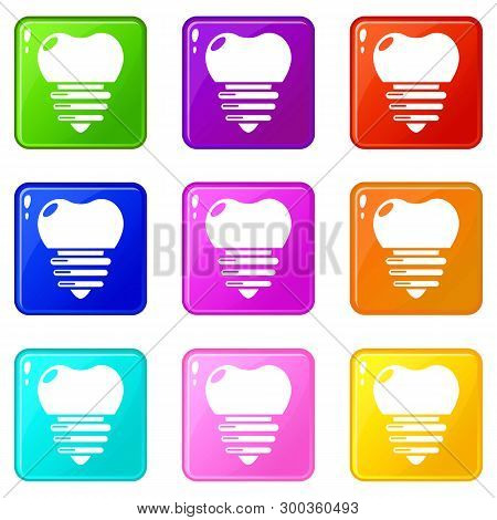 Dental Implant Icons Set 9 Color Collection Isolated On White For Any Design