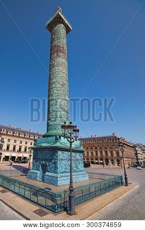 Paris, France-may 06, 2018: Vendome Column And Beautiful Buildings In Background On Vendome Square. 