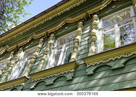 Vintage Traditional Wooden Carved Ornament Of Old House In Samara, Russia