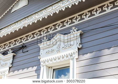 Vintage Traditional Wooden Carved Ornament Of Old House In Samara, Russia