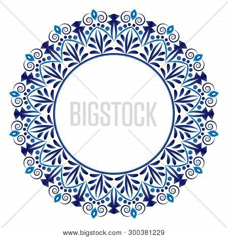 Ceramic Tile Pattern. Decorative Round Ornament. White Background With Art Frame. Islamic, Indian, A