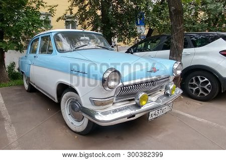 Moscow, Russia - May 05, 2019: The Rare, Restored Soviet Car Gas 21 Volga. A Blue And White Bi-color