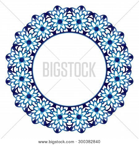 Ceramic Tile Pattern. Decorative Round Ornament. White Background With Art Frame. Islamic, Indian, A
