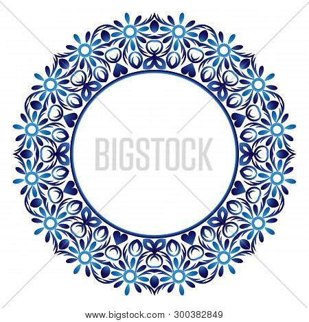 Ceramic Tile Pattern. Decorative Round Ornament. White Background With Art Frame. Islamic, Indian, A