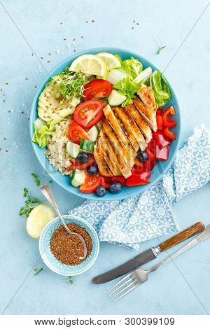 Lunch Bowl With Grillet Chicken Breast, Fillet, Bulgur And Fresh Vegetable Salad