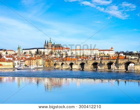Charles Bridge, St. Vitus Cathedral And Other Historical Buildings In Prague, Panorama From The Oppo