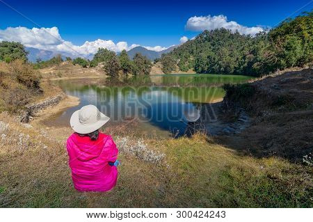Solo Traveller, Single Female Tourist Watching Beauty Of Deoria Tal , Also Devaria Or Deoriya Tal, H