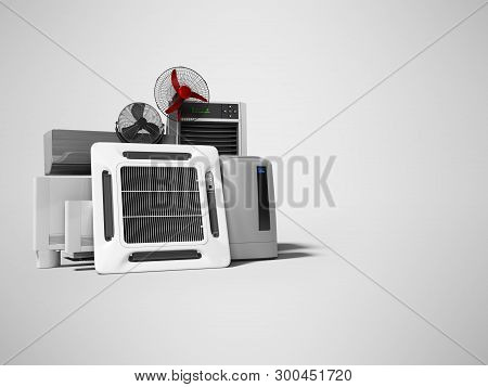 Concept Group Of Ventilation Electrical Appliances For Cooling Rooms And Offices 3d Renderer On Gray