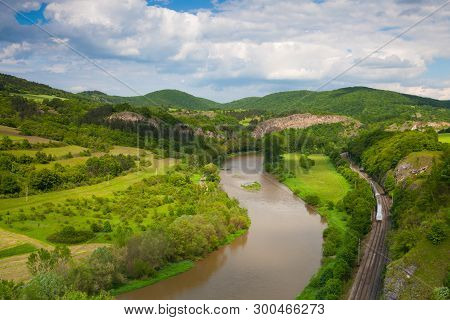 View From The Hill Into The Valley With The Berounka River. Berounka River, Limestone Rocks, Meadows