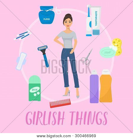 Girlish Things Banner Vector Illustration. Hygiene Personal Care Toiletries Set Of Hygienic Bath Pro