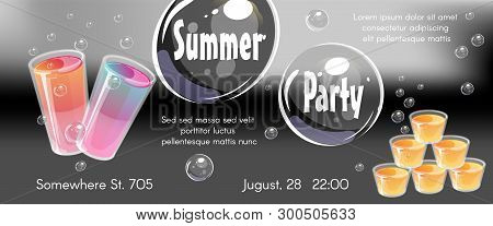 Summer Party Concept. Template For Invitation Flyer, Banner Or Poster. Colorful Jello Shots And Brig