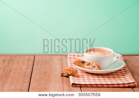 Coffee Cup With Italian Biskotti Cookies On Wooden Table  Background