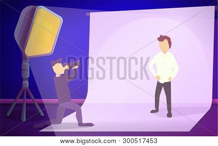 Man Studio Photo Session Concept Banner. Cartoon Illustration Of Man Studio Photo Session Vector Con