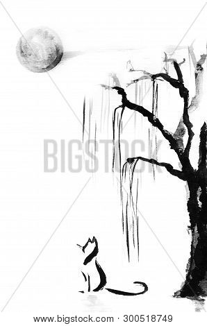 Watercolor Black Ink Wash Hand Drawn Cat Under Willow Tree And Full Moon. Sumi-e Painting U-sin, Go-