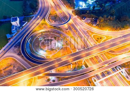 Bangkok Expressway Top View, Top View Over The Highway,expressway And Motorway At Night, Aerial View