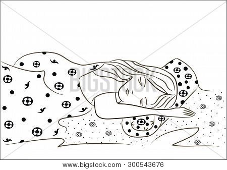 Girl Sleeping In A Bed. Bed Linen With A Floral Abstract Print. Scalable And Editable Vector Illustr