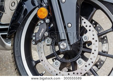 Moscow, Russia - May 04, 2019: Front Wheel With Glossy Black Front Fender Of Tourist Motorcycle Hond
