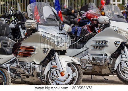 Moscow, Russia - May 04, 2019: Two Silvery Tourist Motorcycles Honda Gold Wing In The Parking Closeu